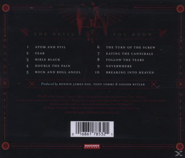 Album-Rückseite, schwarz mit Text, der Songs und Credits auflistet. Der Titel lautet "The Devil You Know".