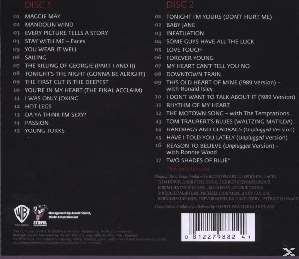 CD-Rückseite mit schwarzem Hintergrund und Titelliste. Viele Titel sind aufgelistet.