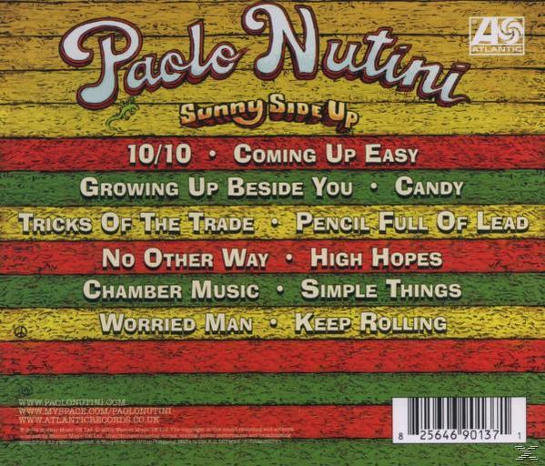 CD borító, zöld és sárga. Szöveg: Paolo Nutini, Sunny Side Up. Szám lista, vonalkód.