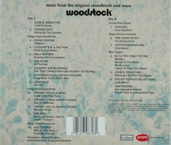 Album-Rückseite. Trackliste. Text: Woodstock, Musik aus dem Original-Soundtrack und mehr.
