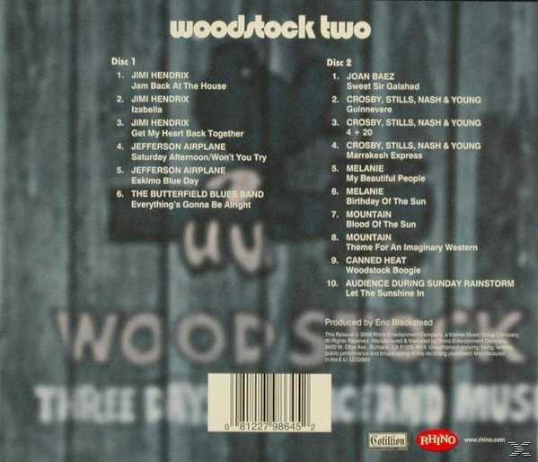 Achterkant album: Tracklist voor het Woodstock Two album, lijst van artiesten en nummers op twee schijven.