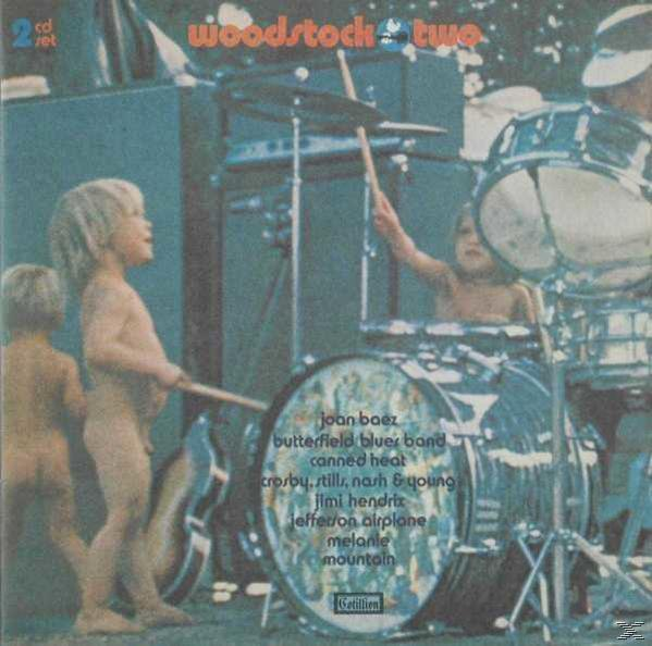 Albumhoes met kinderen die drums spelen en de tekst Woodstock Two.