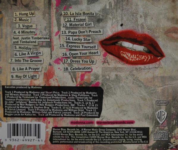 Albumcover mit einer roten Lippengrafik und Songtiteln. Hintergrund hat rosa und lila Farben.