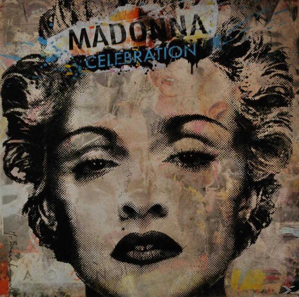 Madonna Albumcover, Schwarz-Weiß-Gesicht mit Textüberlagerung, Celebration. Grunge-Hintergrund.