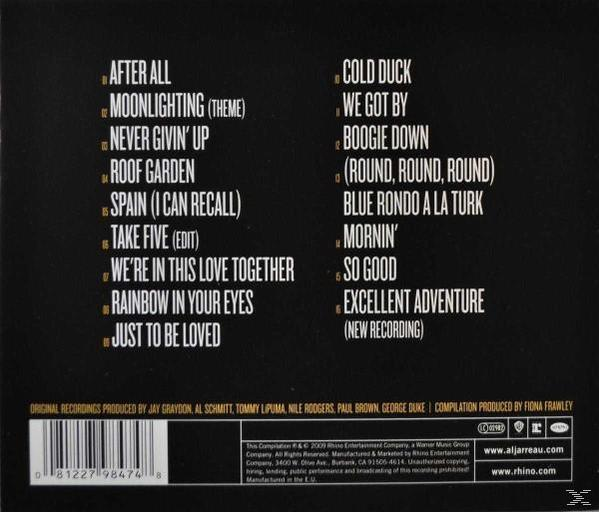 Album-Rückseite mit Titelliste, verschiedene Schriftarten und Farben auf dunklem Hintergrund.