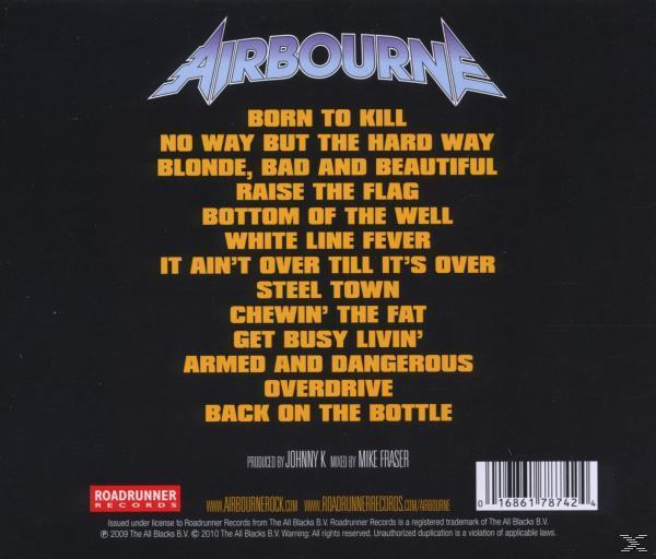 Albumcover mit Titelliste und Bandnamen in Blau, mit schwarzem Hintergrund.