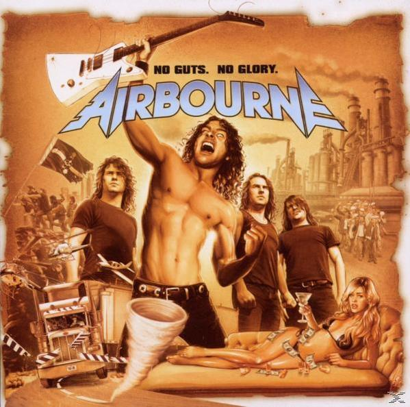 Airbourne-Albumcover. Ein Mann ohne Hemd hält eine Gitarre. Andere sind im Hintergrund mit einem Tornado und einer Frau.