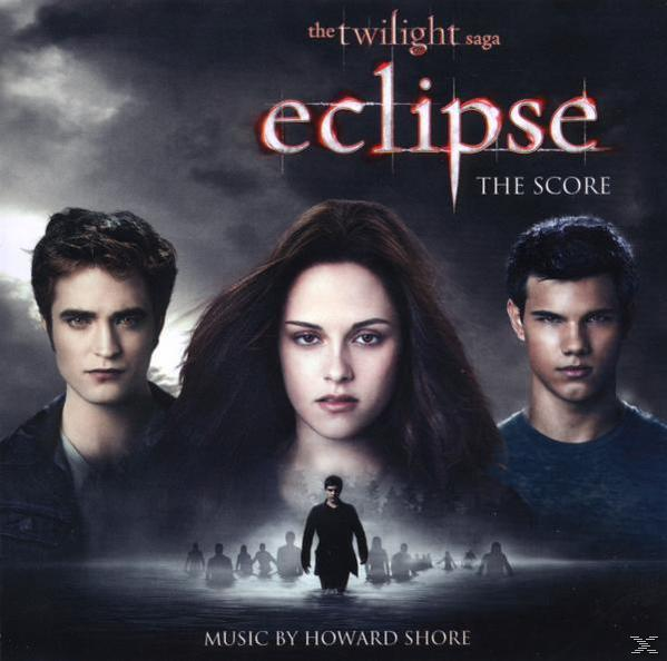 Album borító: Twilight Saga Eclipse. Három ember elöl, szöveg felül és alul.