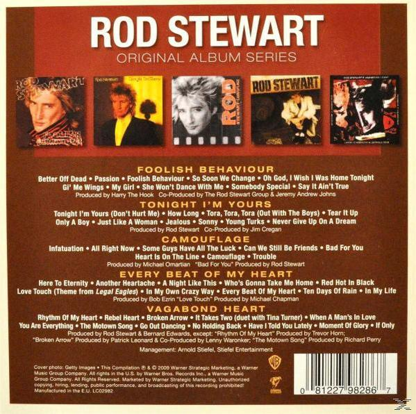 Albumcover für Rod Stewarts Original Album Series. Mehrere Albumcover, Titellisten und Logos.