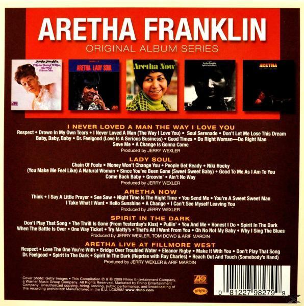 Rückseite eines Aretha Franklin-Albums mit Albumcover und Titellisten aus der Originalserie.