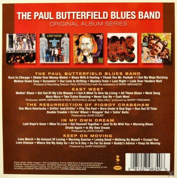 Rückseite des Albums mit Bildern anderer Albumcover, Titelliste und Text. Band: The Paul Butterfield Blues Band.