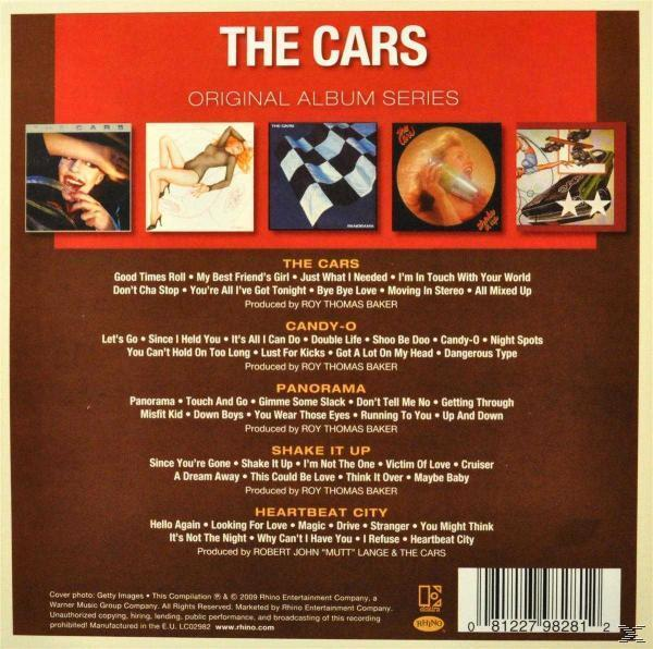 Die Rückseite des 'The Cars'-Albums mit Albumcover und Tracklisten. Das Album enthält Songs aus verschiedenen Alben.