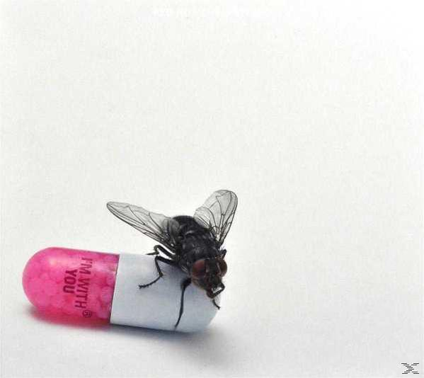 Albumcover mit einer Fliege auf einer rosa Pille.