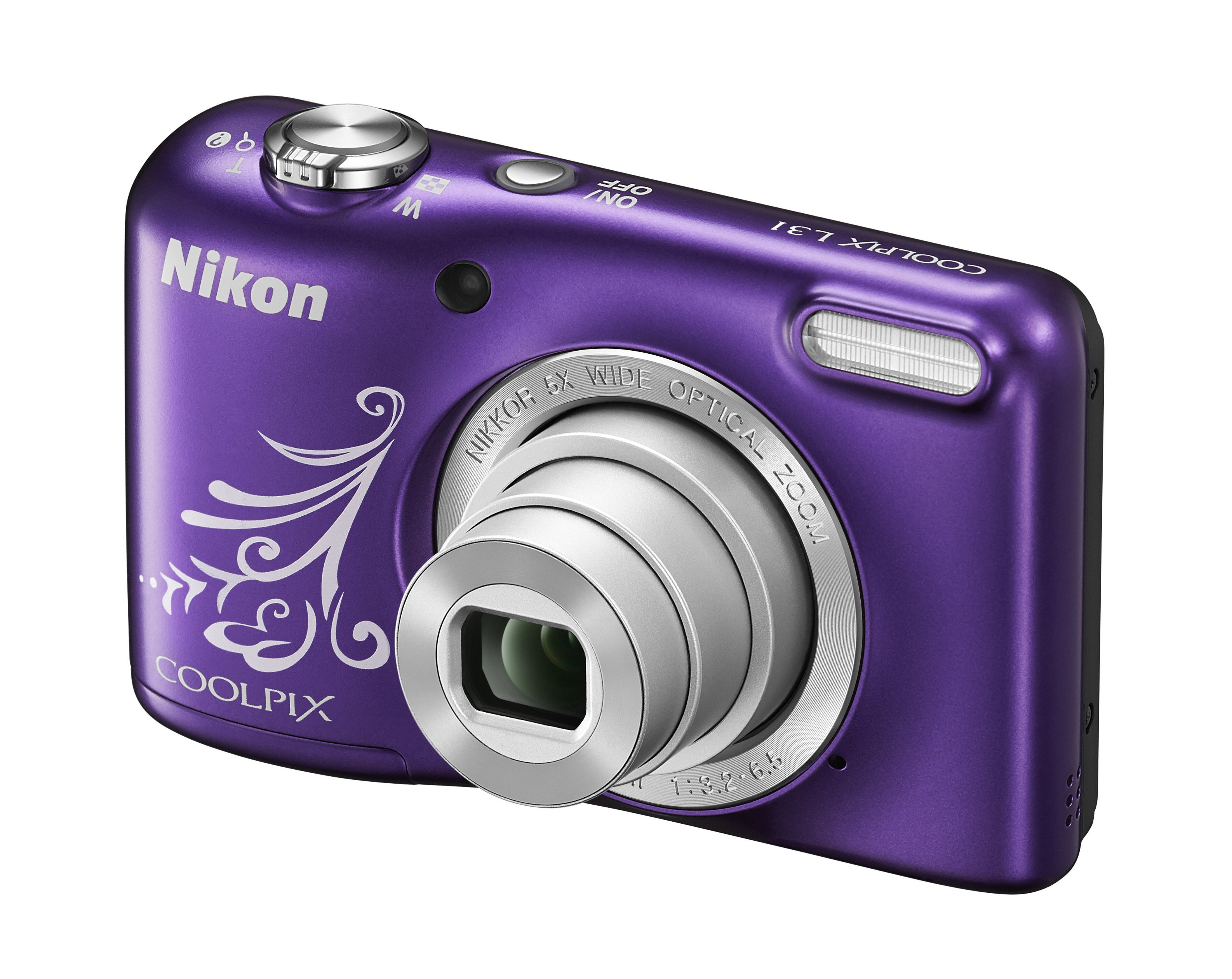 Eine violette Nikon Coolpix Kamera mit silbernem Objektiv und Blitz.