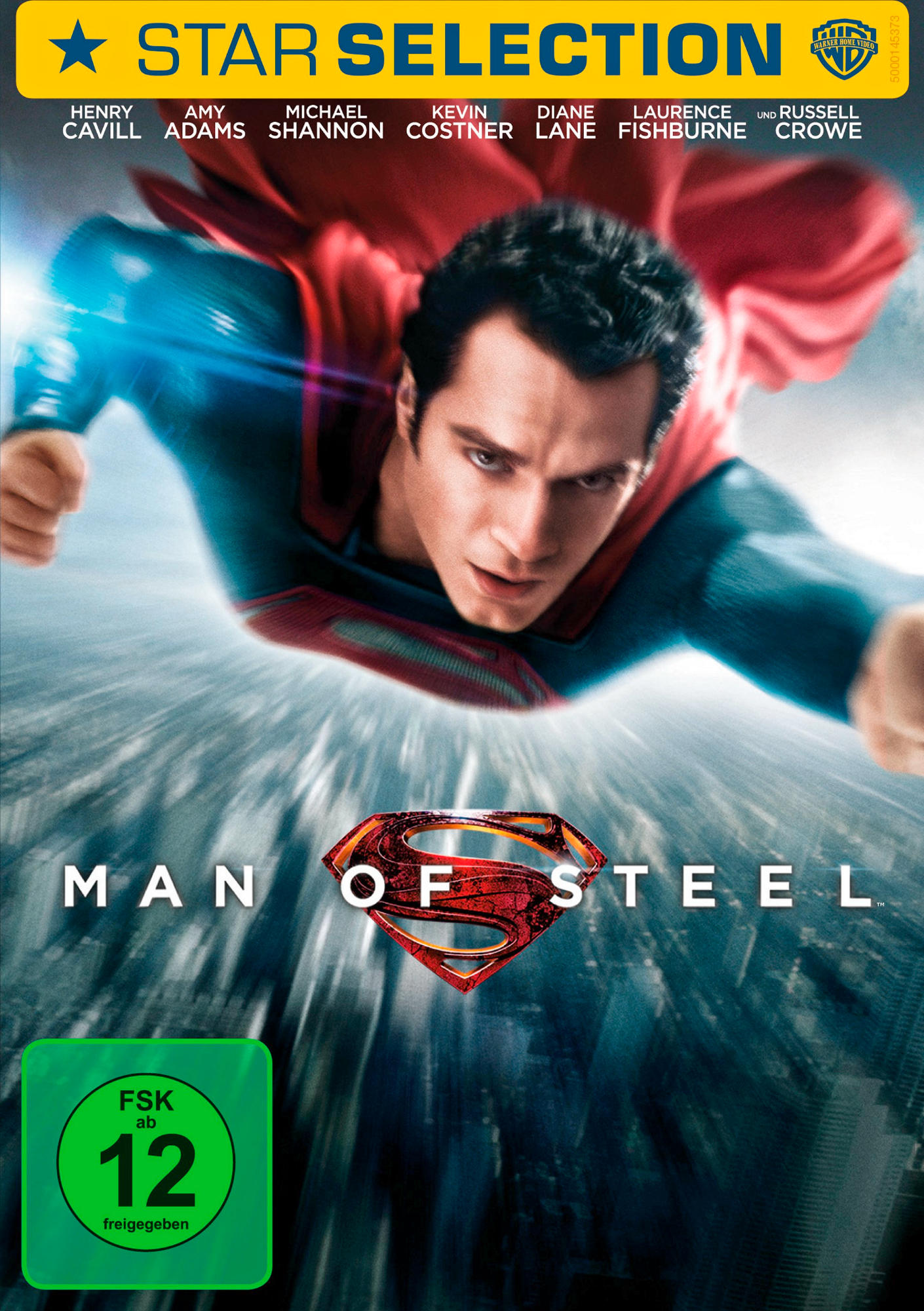 Superman in Flugpose. Filmtitel „Man of Steel“ unten. Blaue und rote Farben dominieren das Cover.