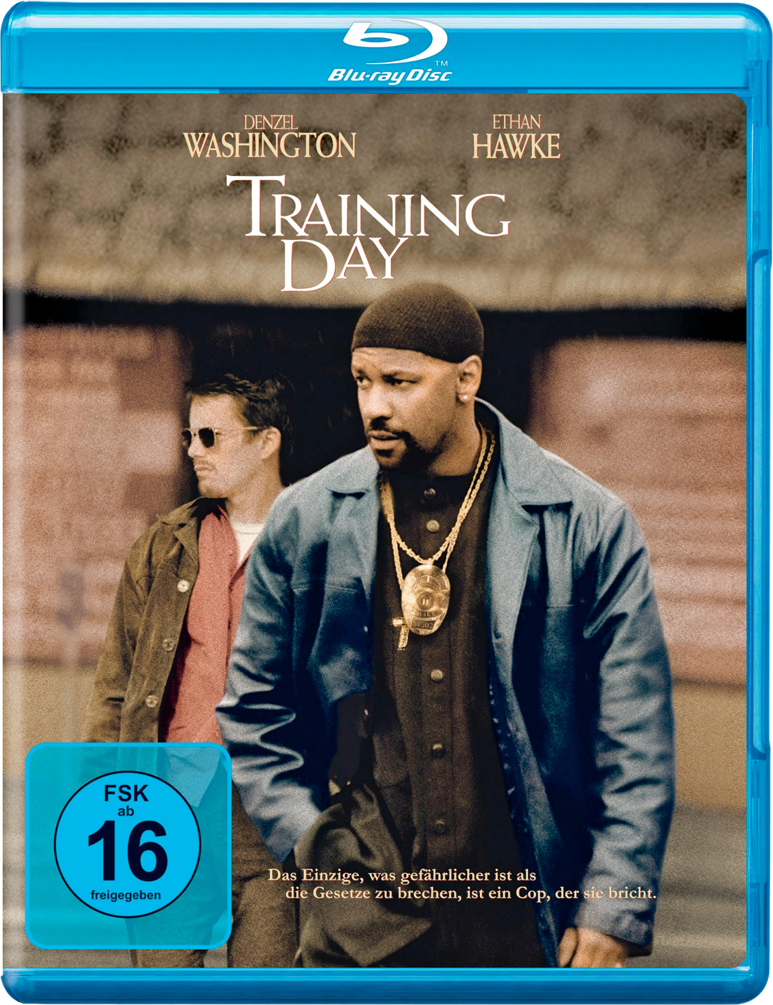 DVD-Cover. Zwei Männer, einer schwarz, der andere weiß. Text: Training Day.