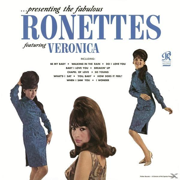 Album borító: The Ronettes featuring Veronica. Három nő kék ruhában. Fehér háttér, szöveg.