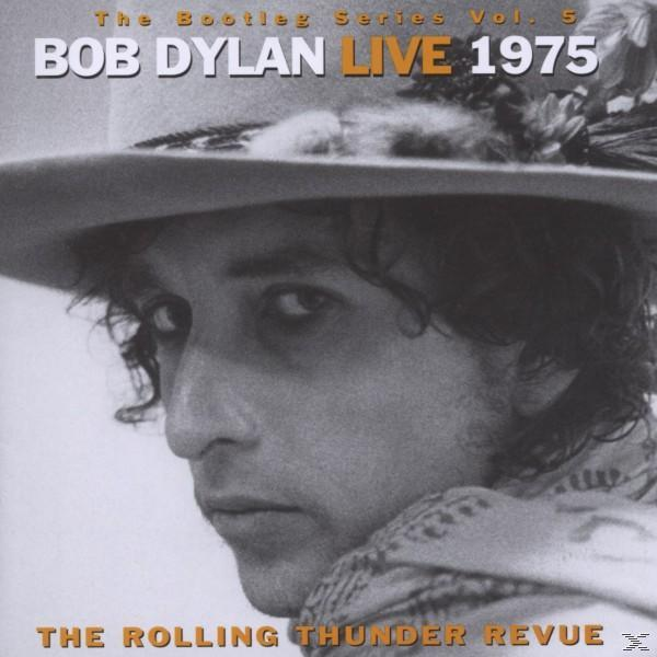 Albumcover, Bob Dylans Gesicht in Schwarzweiß, Titel 'LIVE 1975' und Text.