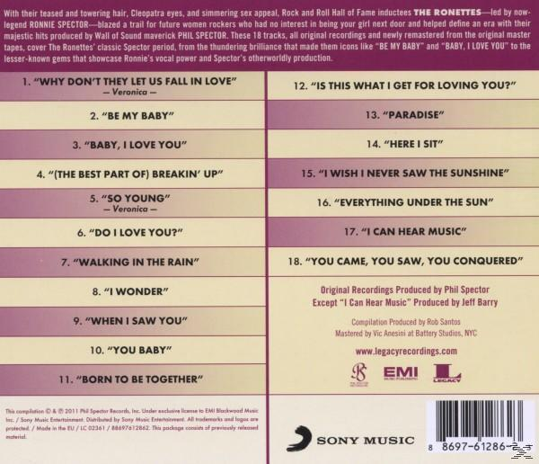 CD-Rückseite mit Songtiteln und Text. Text: The Ronettes und enthält einen Barcode unten rechts.