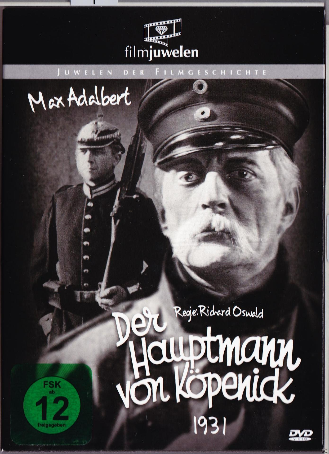 Schwarzweiß-DVD-Cover mit zwei Männern in Uniform, Titel 'Der Hauptmann von Köpenick'.