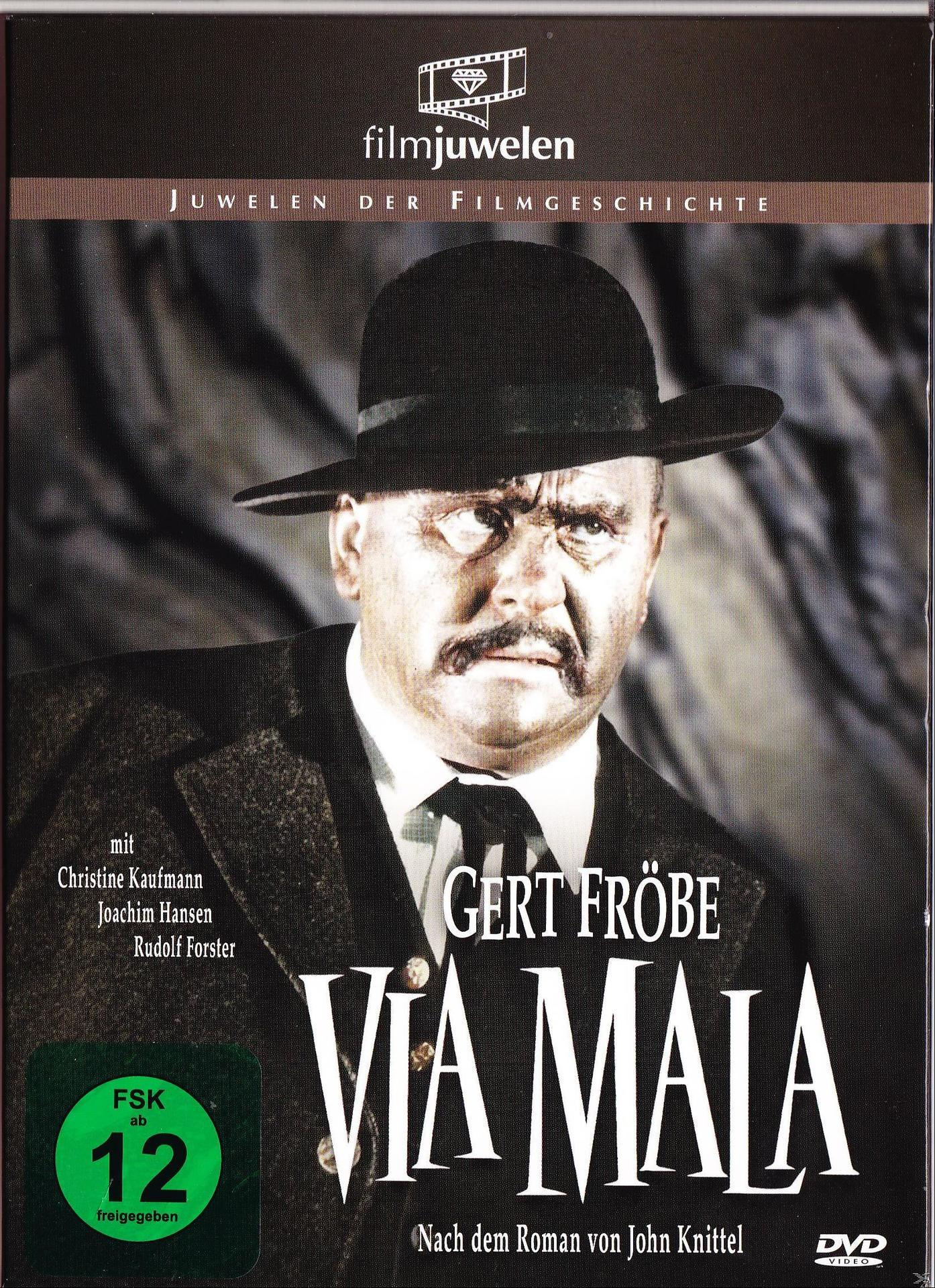 DVD-Cover mit einem Mann mit Hut und Mantel. Text lautet 'Via Mala' und 'Gert Fröbe'.