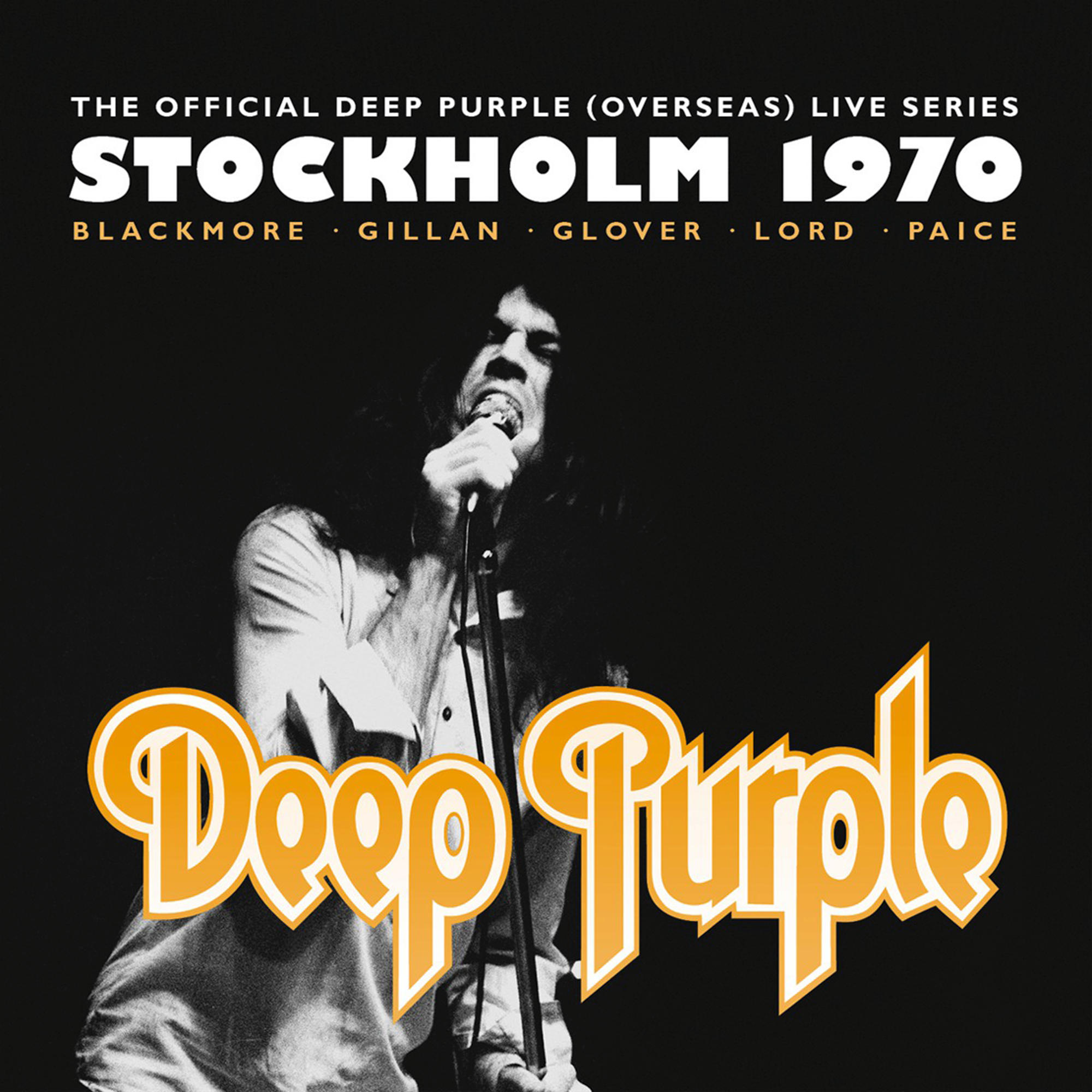 Albumcover mit Sänger auf der Bühne und Text, 'Stockholm 1970' und 'Deep Purple'.