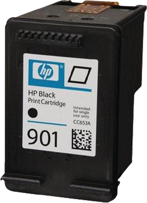 Schwarze HP 901 Tintenpatrone. Enthält schwarze Tinte. Rechteckiges Etikett mit HP-Logo und schwarzem Punkt.