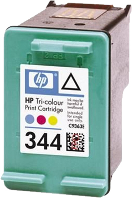 HP 344 Tri-Colour Tintenpatrone. Grüner Körper, mit Tintenfarben und Warnhinweis.