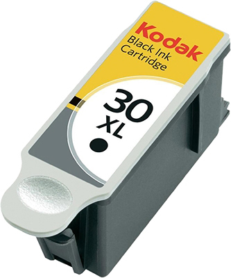 Kodak schwarze Tintenpatrone, gelb-schwarzes Etikett, Text '30 XL'.