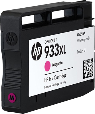Eine HP 933XL magenta Tintenpatrone mit weißem Etikett, schwarzem Gehäuse und pinker Tinte.