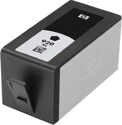 Eine schwarze HP 920XL Tintenpatrone mit schwarzem und grauem Design und dem HP-Logo.