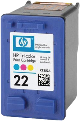 HP Tri-Color-Druckpatrone. Blau und weiß, mit magenta, cyan und gelben Tinten. Auf dem Etikett steht: "22".