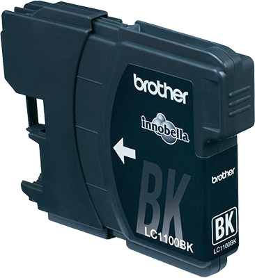 Eine schwarze Brother LC1100BK Tintenpatrone mit weißem Pfeil. Die Tinte ist mit 'BK' für Schwarz gekennzeichnet.