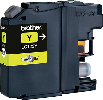 Gelbe Tintenpatrone mit der Aufschrift "Brother" und "LC123Y", schwarz-gelbe Details.