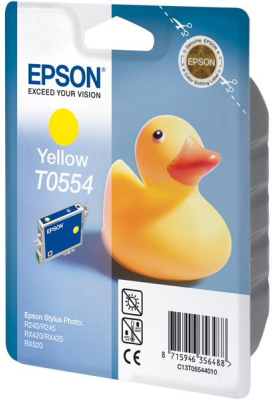 Gelbe Epson T0554 Tintenpatrone mit einer Quietscheente. Die Verpackung enthält Produktinformationen.