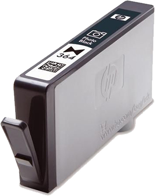 Schwarz-graue HP-Tintenpatrone mit 'Photo Black'-Etikett und dem HP-Logo.