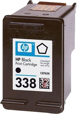 HP schwarze Druckpatrone. Schwarz und Cyan, mit einem Fünfeck-Logo und der Nummer 338.