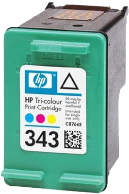HP Tri-Colour Druckpatrone. Grün, mit gelben, cyanfarbenen und magenta farbenen Farbkennzeichnungen. Text: 343.