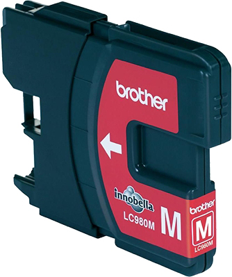 Brother Innobella LC980M Tintenpatrone. Dunkelblau mit rotem Etikett für Magenta-Tinte und weißem Pfeil.