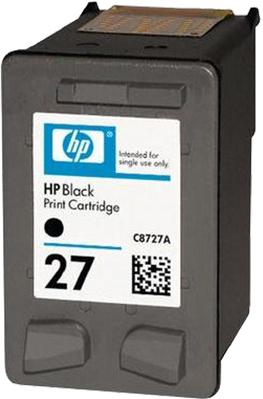 HP Schwarz-Druckpatrone, beschriftet mit '27'. Die Patrone ist grau mit einem schwarzen Tintenauslass.