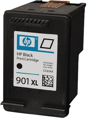 Eine HP 901XL schwarze Tintenpatrone, gekennzeichnet mit dem HP-Logo und einer schwarzen Tintenfarbanzeige.