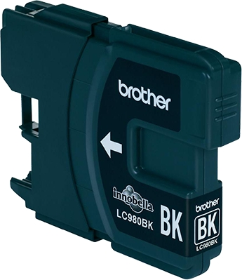 Brother LC980BK Tintenpatrone, schwarz, weißer Pfeil und Etikett.