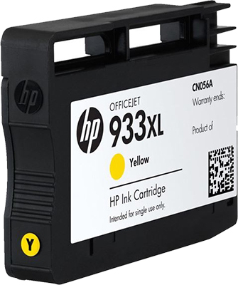 Eine schwarz-gelbe HP Tintenpatrone mit der Aufschrift 933XL.
