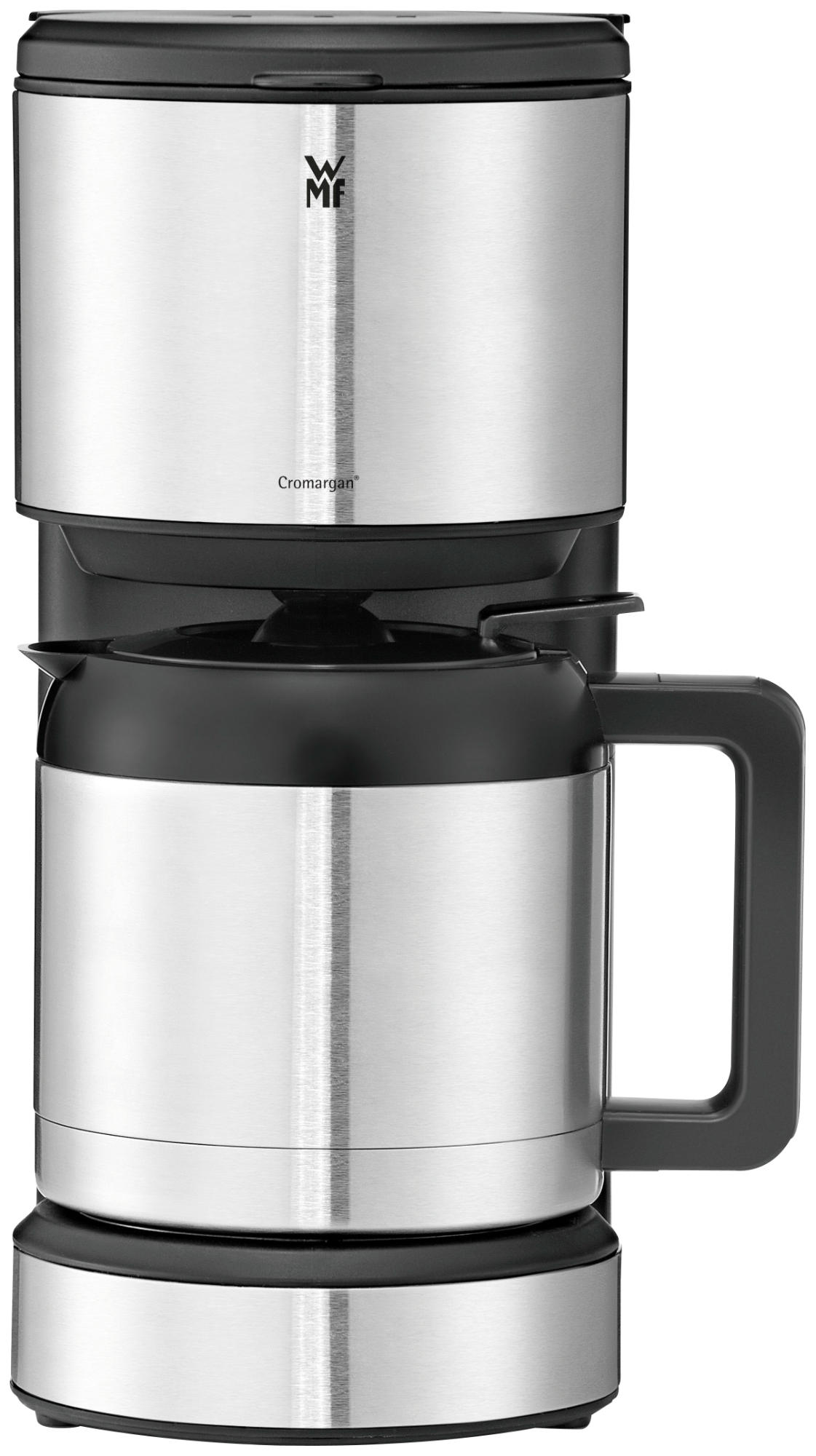 Silberne Kaffeemaschine mit schwarzen Akzenten. Sie hat ein Oberteil und eine Karaffe darunter. Markenname drauf.