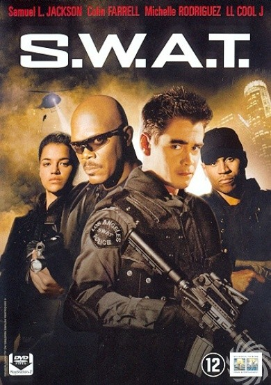 Filmposter, S.W.A.T., met acteurs met wapens en skyline.