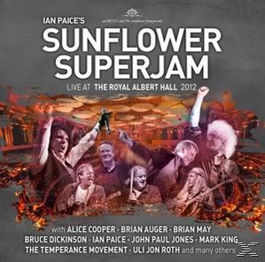 Albumcover mit einer Gruppe von Leuten auf der Bühne mit Instrumenten. Text: Sunflower Superjam.