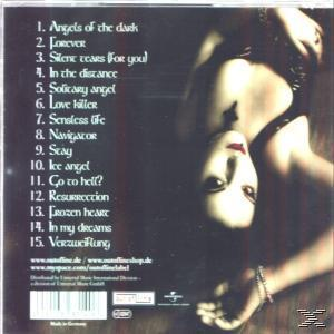 Albumcover: Frauengesicht mit Text und Songtiteln auf dunklem Hintergrund.