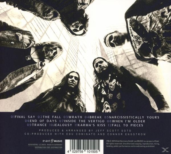 Album-Rückseite. Vier Bandmitglieder blicken nach unten. Text mit Songtiteln und Album-Credits.