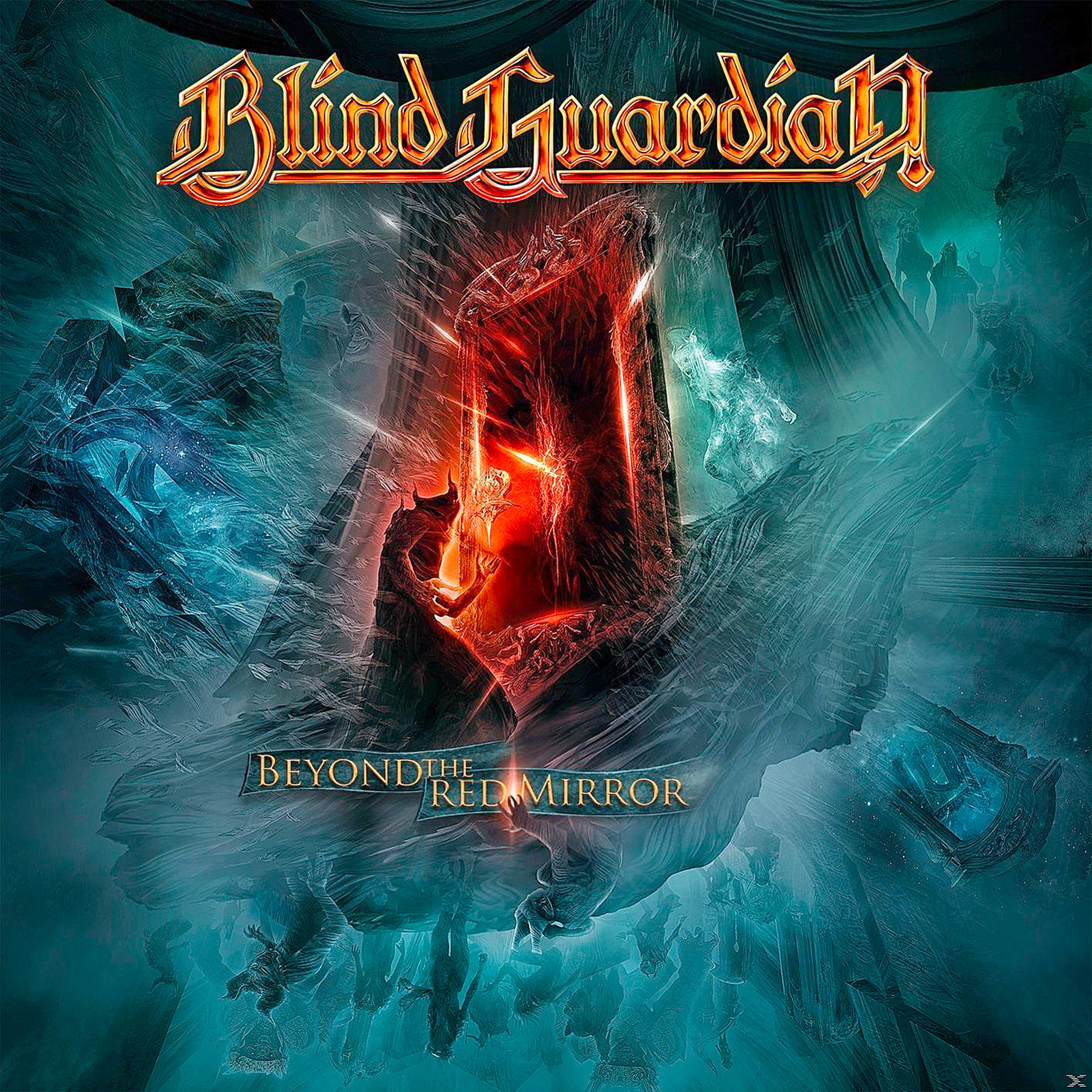Albumcover 'Beyond the Red Mirror' von Blind Guardian. Dunkle Fantasyszene mit rotem Portal und Figuren.