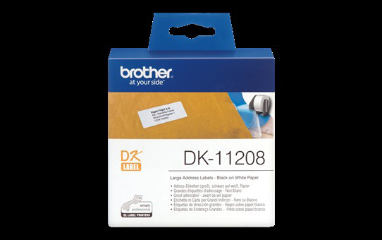 Boîte d'étiquettes Brother DK-11208. Boîte d'étiquettes avec fond blanc et dessus bleu.